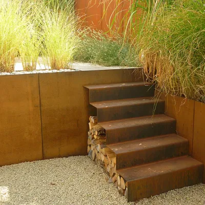 Corten Steel Garden Steps with Retaining Wall and Landscape Edging